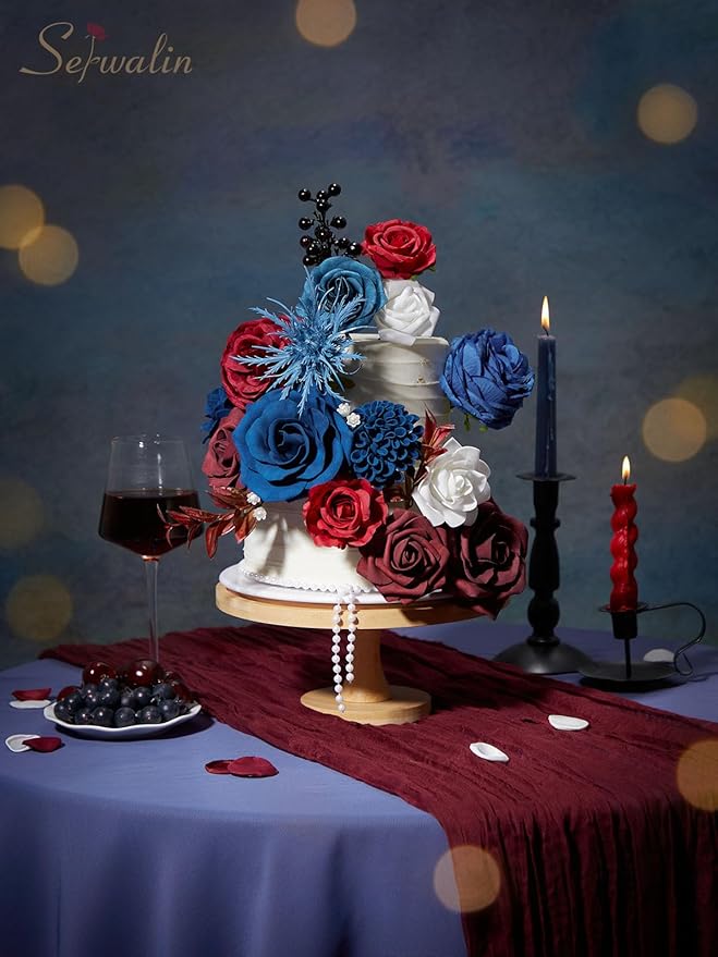 Serwalin Artificial Burgundy Flowers, Blue Fake Silk Flowers for DIY Wedding Bridal Bouquets, Cake Flowers for Table Centerpieces Baby Shower Birthday Party Home Decorations