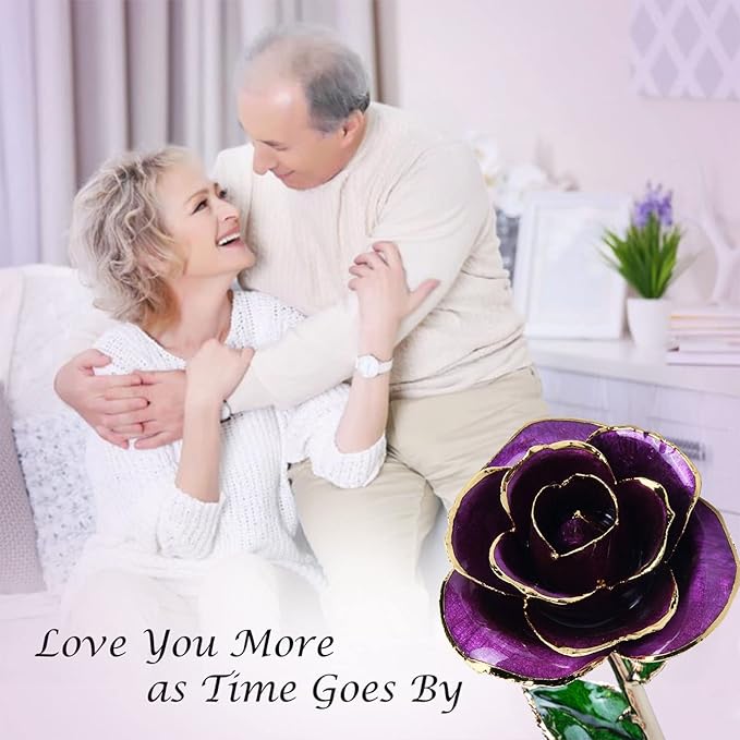 Sinvitron Gold Dipped Infinity Rose Forever Flower Decor, Resin Preserved Real Rose Birthday Gift for Women, Anniversary Present for Mom (Purple)
