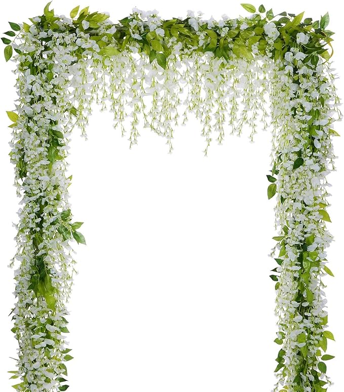 Lvydec Wisteria Artificial Flowers Garland, 4Pcs Total 28.8ft White Artificial Wisteria Vine Silk Hanging Flower for Home Garden Outdoor Ceremony Wedding Arch Floral Decor