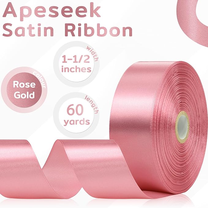60 Yards Rose Gold Satin Ribbon 1-1/2 Inch, Solid Polyester Fabric Ribbon for Gift Wrapping, Crafts, Flower Bouquet, Wedding, Baby Shower, Festival, Christmas, Easter