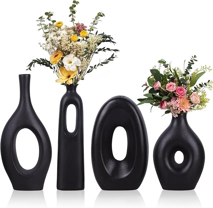 Black Ceramic Vase Set of 4 - Round Hollow Boho Vases for Pampas Grass and Flowers Decor, Modern Minimalist Small Vases for Living Room, Bedroom, Fireplace, Coffee Table Decor, and Centerpieces