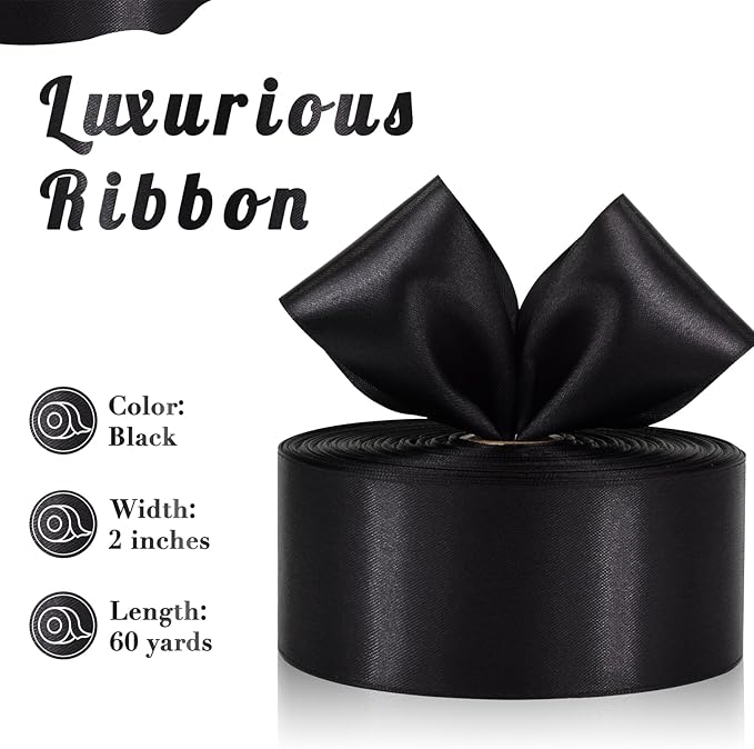 Black Satin Ribbon 2 Inch 60 Yards, Versatile Polyester Fabric Ribbons for Gift Wrapping, Flower Bouquet, Wedding, Crafts, Festival, Halloween and Outdoor Decor