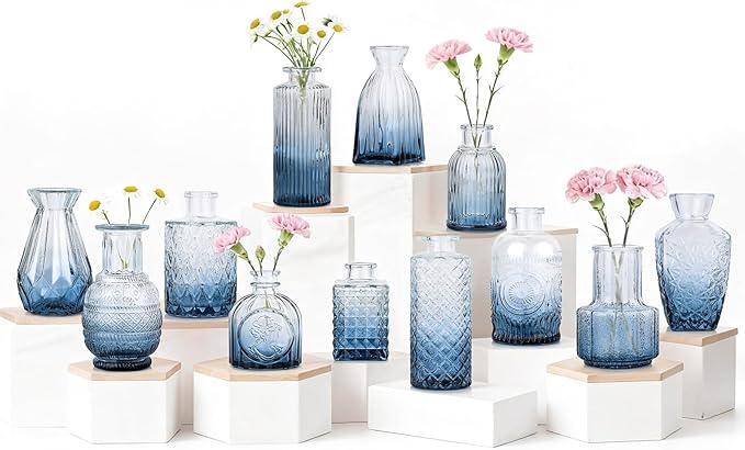 Bud Vases Set of 12, Small Mini Glass Vases for Centerpieces - Elegant Vintage Style - Perfect for Table Decor, Wedding, Party Centerpieces - Great Gift for Home Decor Lovers (Ombre Blue)