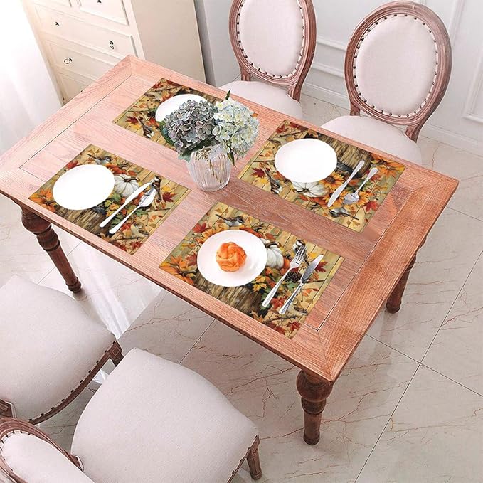 PVC Placemats Set of 4 Wipeable Table Mats Washable Heat Resistant Non Slip Vinyl Dining Table Mat for Kitchen Indoor Outdoor Patio Farmhouse Place Mats Retro Wooden Fall Bird Decorative