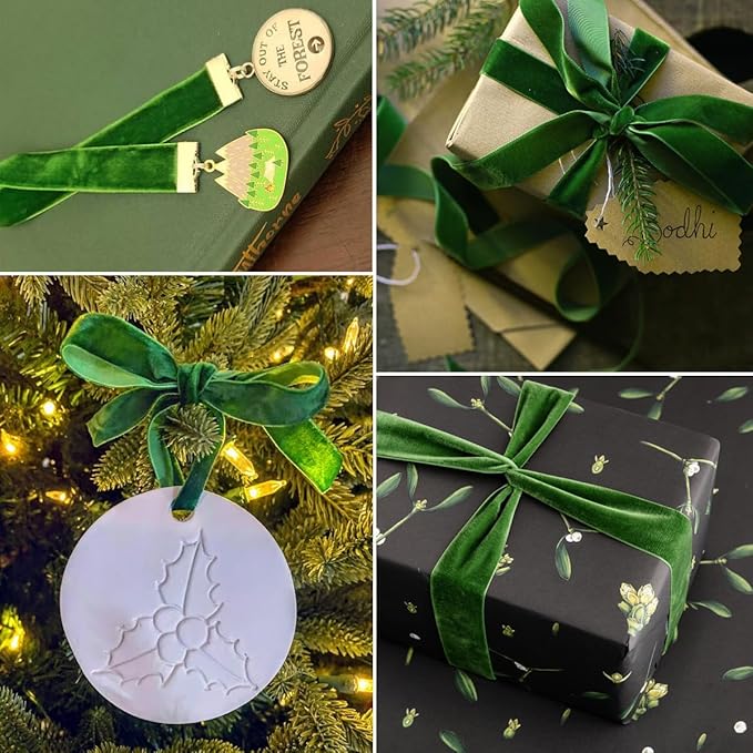 Green Velvet Ribbon - 1 inch x 10 Yards for Gift Wrapping, Crafts, Christmas Decor, Bow Making, Vintage Fabric Green Velvet on The Spool for DIY