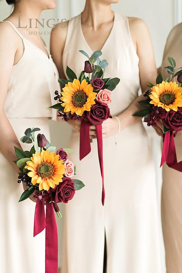 Ling's moment Artificial Flowers Sunflower Bridesmaid Bouquet Set of 6, Burgundy & Sunflower Wedding Flowers Bouquets for Bridesmaids, 7 Inch Bridal Bouquets for Bridesmaids, Wedding, etc