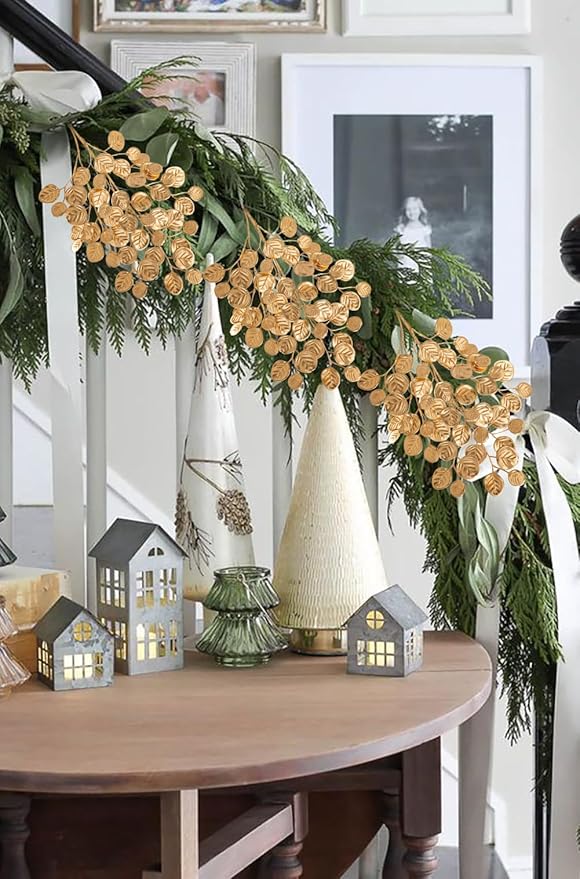 Hollyone 24.8” Christmas Tree Picks and Sprays 3Pcs Golden Artificial Eucalyptus Stems Eucalyptus Silver Dollar Leaves Branches Fake Gold Leaf Floral for Xmas Tree Garland Wreath Wedding Decor