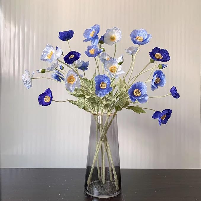 Set of 6 Poppies Flowers Artificial, Real Touch Silk Flowers with Long Stems for Vase, Realistic Faux Wildflowers Arrangement for Home Office Farmhouse Wedding Party Indoor Decor (Dark Blue)