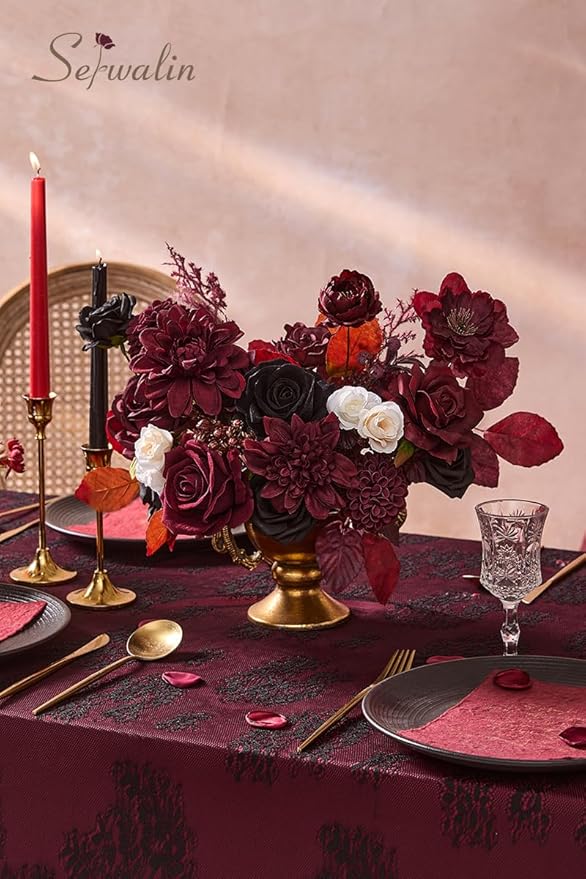 Serwalin Artificial Burgundy Black Flowers, Red Roses Silk Flowers for DIY Wedding Bridal Bouquets, Fake Halloween Black Flowers for Table Centerpieces Baby Shower Birthday Party Home Decorations
