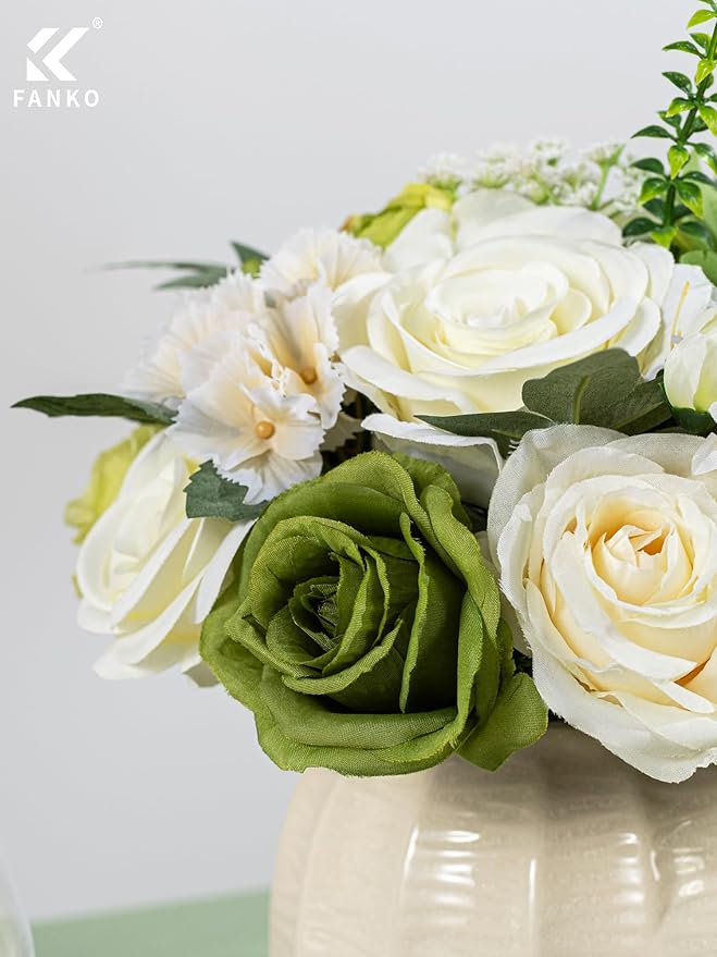 FANKO Artificial Flowers Green Rose, Mixed Silk Fake Flowers Combo Cream White Rose Green Dahlia Vintage Assorted Blooms for DIY Wedding Bridal Bouquets/Centerpieces/Home Decor