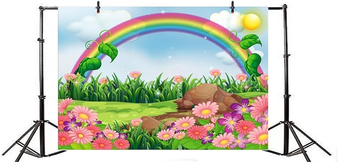 AOFOTO 6x4ft Cartoon Spring Flowers Rainbow Backdrop Meadow Sweet Floral Blossom Sky Sun Enchanting Garden Scenery Background for Kids Baby Shower Birthday Party Decor Wallpaper Photoshoot Props