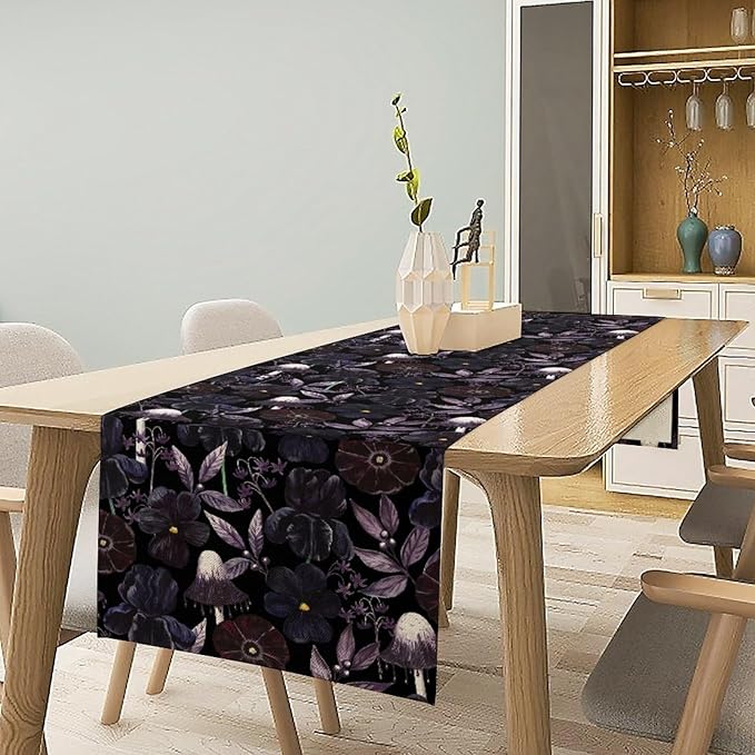Gothic Floral Table Runner, Dark Purple Vintage Garden Flower Witchy Mushroom Farmhouse Coffee Table Center Decor for Home Kitchen Dining Patio Holiday Party Table Decorations 13x72 inches