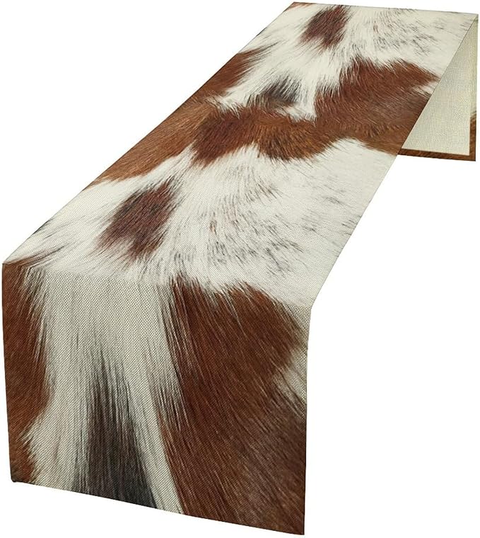 Cow Skin Print Table Runner, Rustic Country Farmhouse Animal Fur Skin Western Farm Dark Brown Cowhide Print Dinner Runner Table Decoration for Home Kitchen Dining 13x120in
