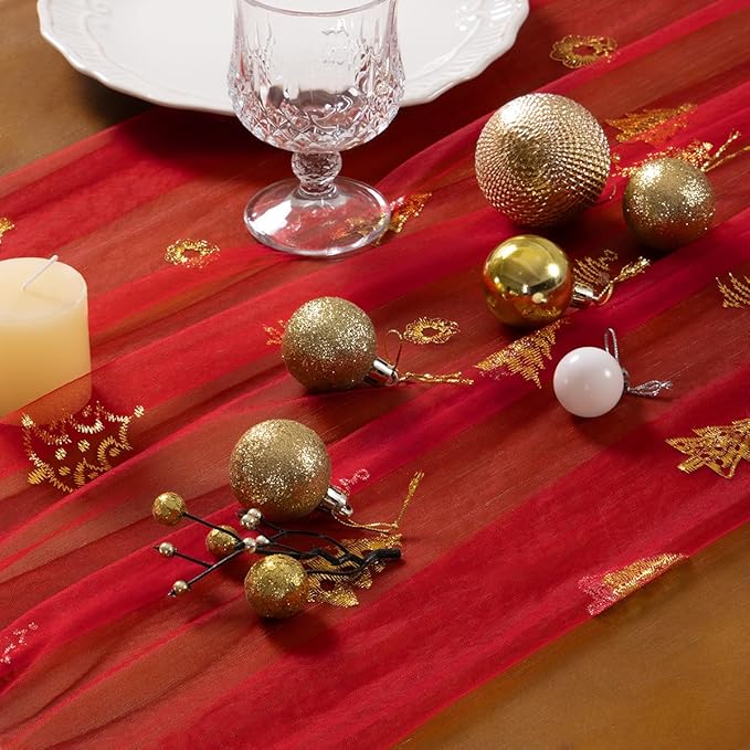 Socomi Christmas Tree Table Runner Gold Gauze Sheer Chiffon Cheesecloth Sequin 10FT Glitter Metallic Foil Dining Wedding Birthday Party Winter Holiday Centerpiece Table Decor Red