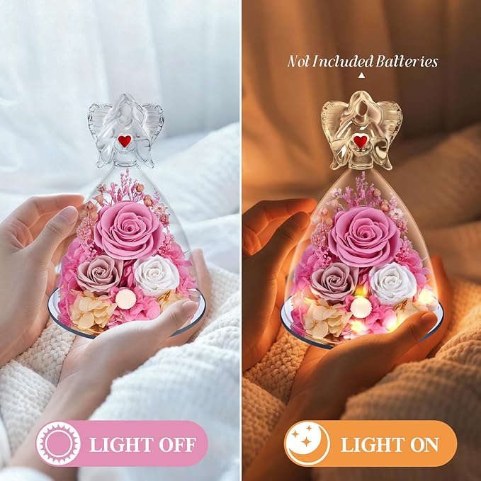 Preserved Flowers in Glass Angel Figurine with LED Light,Forever Real Roses Prime Eternal Flower Birthday Glitter Decorations for Her Women Mom Grandma Sister (Pink)