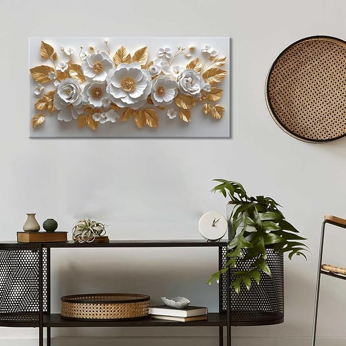 IDAFU Flower Wall Art White Foral and Golden Leaves Wall-décor White Wall Art Floral Painting Pictures for Living Room Bathroom Bedroom Kitchen Office Cuadros Decorativos Para Sala Decor 30L x 16W