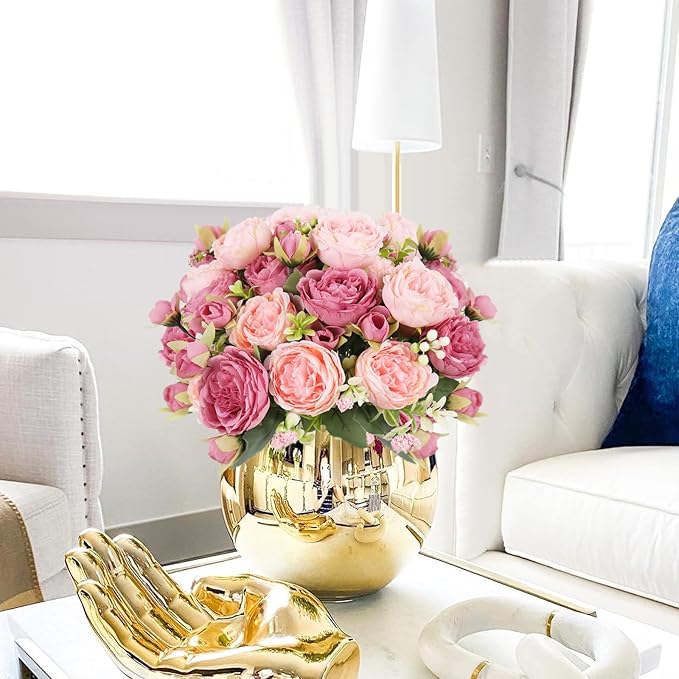 Artificial Peonies Silk Flowers, Pink Faux Peony Bouquet 2 Bundles Florals Arrangements Decor for Farmhouse Home Boho Wedding Table Centerpiece, Fake Plastic Flower Bulk for Vase Decoration (Mix Pink)