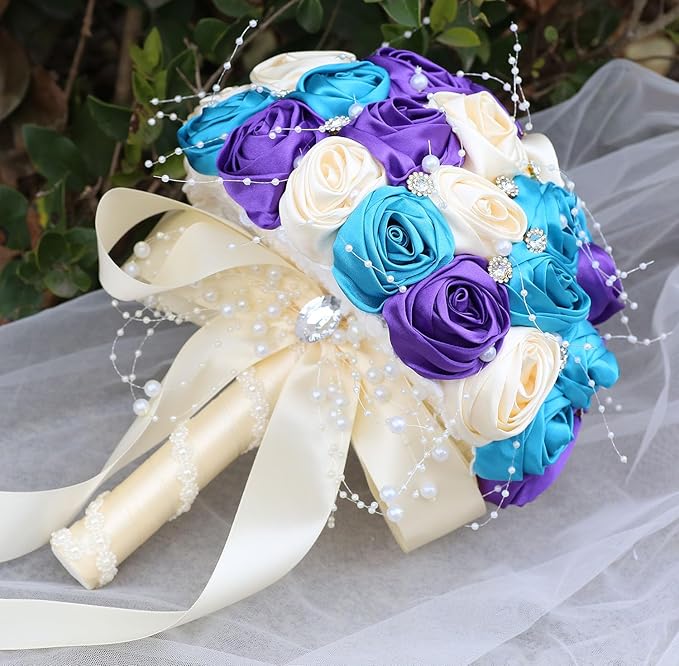 Bridal Wedding Bouquet Round Bling Brooch Bouquet Throw Toss Artificial Rose Flower Bunch for Bride Bridesmaid Wedding Quinceanera(Teal Blue, Purple & Cream, 9.8")