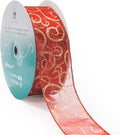 CT CRAFT LLC Organza with Red Glitter Swirls Wired Ribbon 2.5 inch x 50 Yards for Christmas Home Decor Tree Topper Bow Gift Wrapping DIY Crafts Wreath Garland Wedding