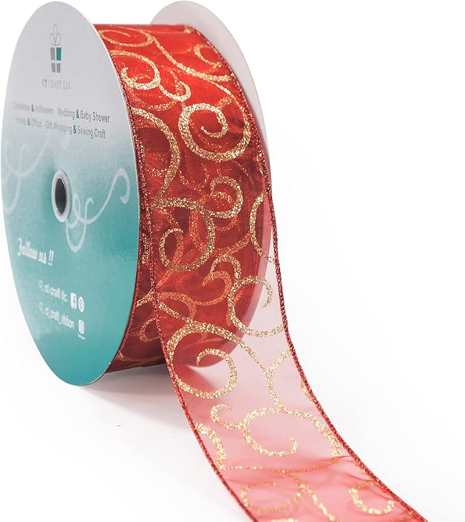 CT CRAFT LLC Organza with Red Glitter Swirls Wired Ribbon 2.5 inch x 50 Yards for Christmas Home Decor Tree Topper Bow Gift Wrapping DIY Crafts Wreath Garland Wedding