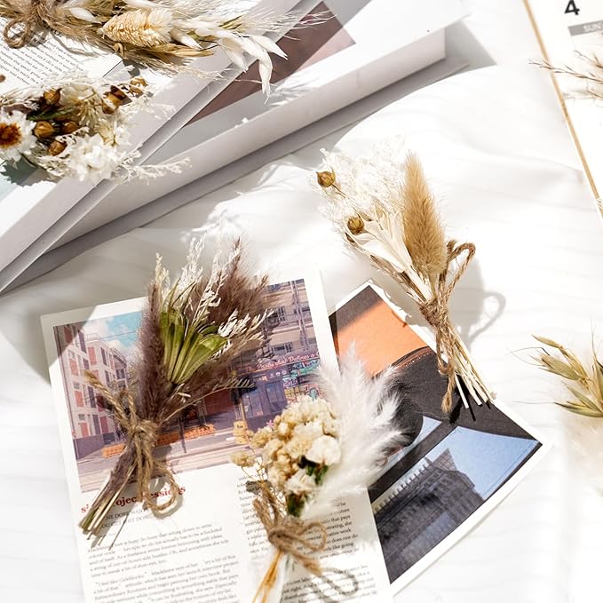 12 Pack Dried Flower Bouquet Mini Natural Pampas Grass for Crafts Small Dried Embossing Florat with Stem Boho Artificial Arrangement Wedding Derco Flowers Bundles for Vases, Wedding, Home, Party