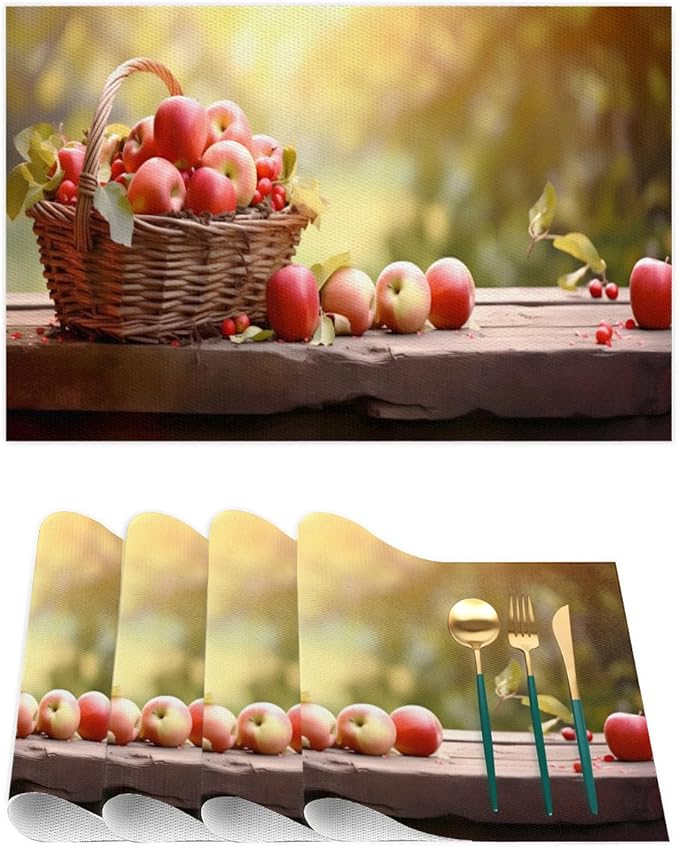 Apple Fall Fruit Basket Placemats Set of 6 PVC Vinyl Non Slip Table Mats Heat Resistant Place Mats Washable Wipeable Dining Table Mat for Kitchen Decor Party Indoor Outdoor Decorative Gift