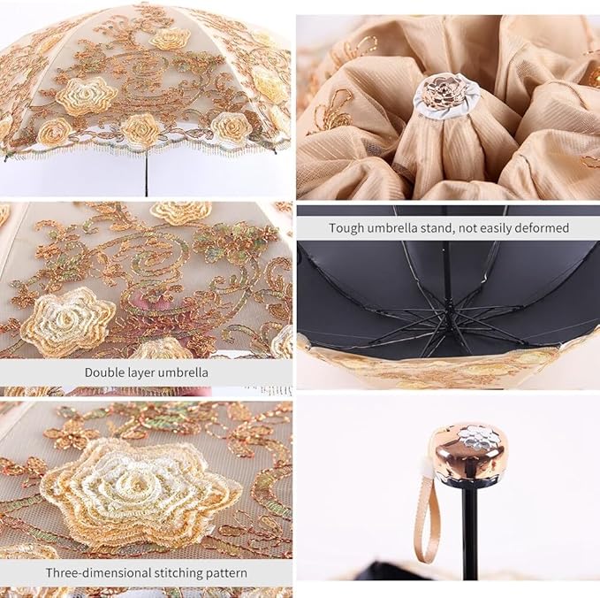 Katutude Vintage Lace Umbrella Floral Lace Parasol Wedding Bridal Umbrella Compact Lightweight Windproof Folding Umbrella UV Protection Sun Umbrella Portable Umbrella with Storage Bag