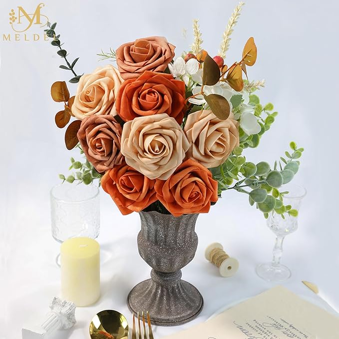 Meldel Artificial Flowers 50pcs Real Looking Orange Foam Fake Roses with Stems for DIY Wedding Bouquets Bridal Shower Centerpieces Floral Arrangements Home Decorations Bulk Rose