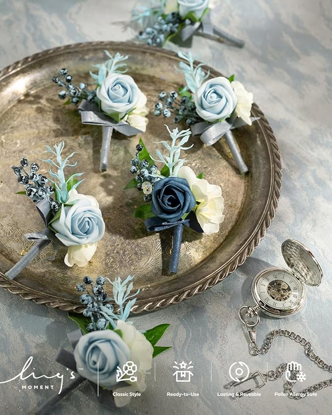 Ling's moment Boutonniere for Men, 6pcs Groom Groomsmen Boutonniere, Artificial Flowers for Wedding Decor/Prom/Homecoming, etc.Dusty Blue Light Blue