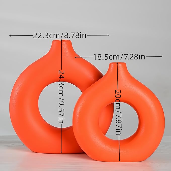 Modern Donut-Shaped Decorative Vases, Handmade Minimalist Boho ins Style, Modern Vase for Home Decor for Wedding Dinner Table Party Living Room Office Bedroom (Orange, Extra Large + Large)