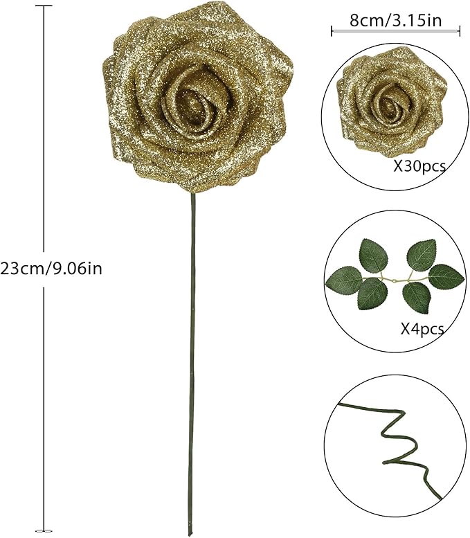 Gold Glitter Roses 30PCS 3.15" Artificial Roses with Stems for DIY Wreath Wedding Christmas Home Party Decor