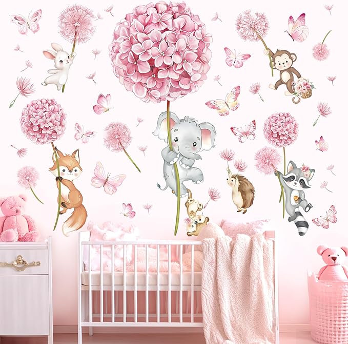 decalmile Animal Flower Pink Dandelion Wall Stickers Forest Animals Elephant Fox Monkey Wall Decals Baby Nursery Girls Bedroom Kids Room Wall Decor