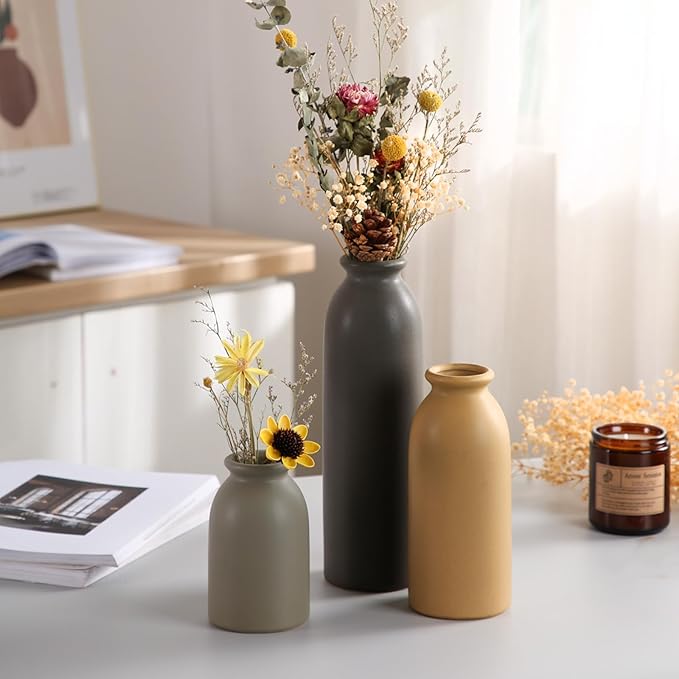 CWLWGO-Ceramic Matte Vase for Home Decor, Modern and Minimalist Decorative Vases Set. Farmhouse Decor,Living Room Tabletop, Bookshelf Centerpiece Decoration,Boho Decor.（Matte Multi）.