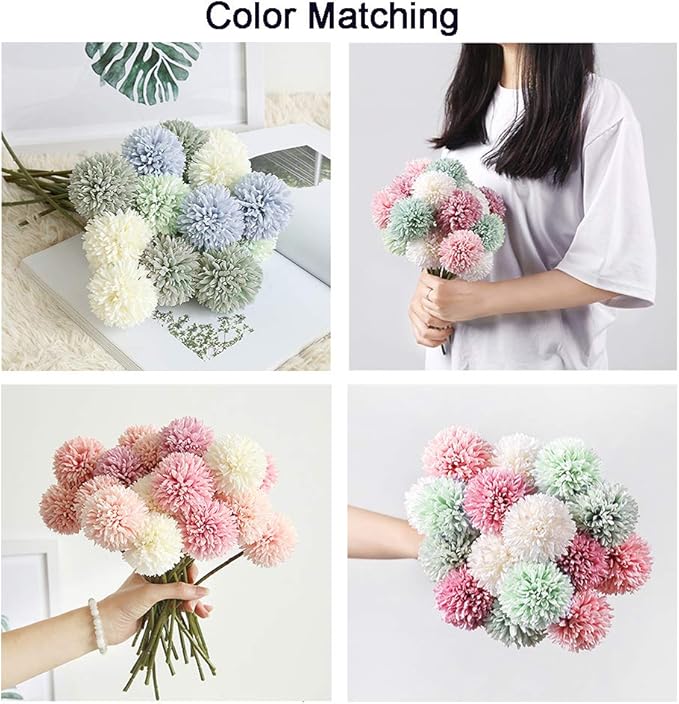 10Pcs Artificial Fake Flower Plants Silk Chrysanthemum Ball Hydrangea Arrangements Wedding Bouquets Decor Home Kitchen Garden Party Table Floral centerpieces DIY (Dark Green)