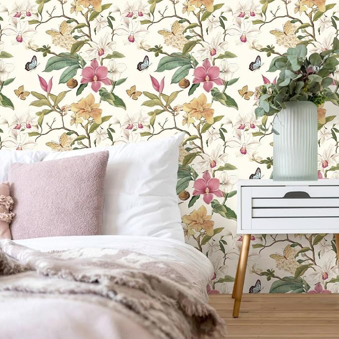 Vintage Floral Peel and Stick Wallpaper Floral Contact Paper 16.9inchx196.8inch Multicolor Flowers Butterfly Wallpaper Leaf Boho Self Adhesive Removable Wall Paper for Bedroom Decorative
