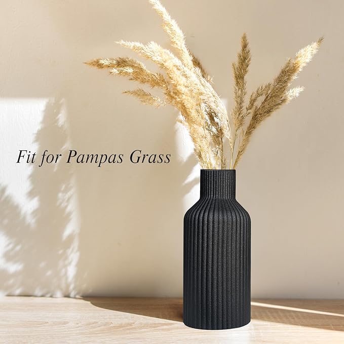 Black Ceramic Flower Vase, Minimalist Modern Home Decor, Matte Finish Pampas Grass Vase for Table, Fireplace, Shelf, Mantel, Entryway and Centerpieces (10in)