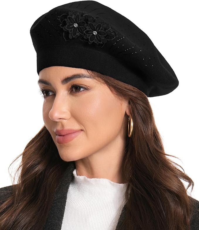 Flower Embroidery Beret Hat for Women, French Style Knitted Beret Hats, Stylish Solid Color Beret Cap for Women Girls Lady