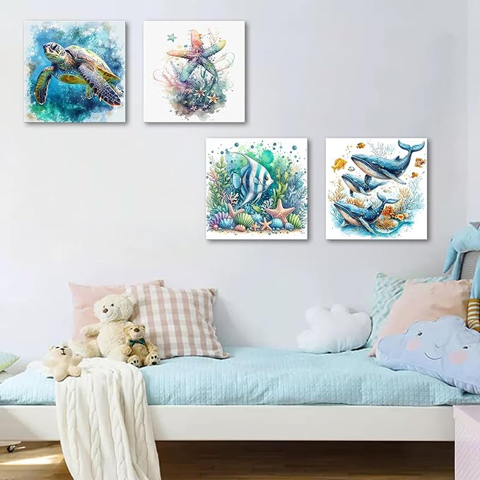 dgbtcart Ocean Wall Art Bathroom Decor – Watercolor Sea Turtle, Starfish Whale Canvas Prints – Coastal Beach Themed 4-Piece Set, 16x16 Modern Nautical Painting for Home, Bedroom, Kids Room