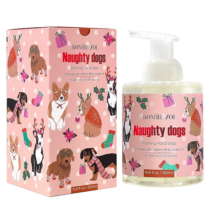 ROMIIE ZOI Christmas Foaming Hand Soap with Gift Box- Naughty Dogs Design, Winter Candy Apple Scented - Holiday Bathroom Soap for Winter Home Decoration and Gifting – 500ml / 16.8oz