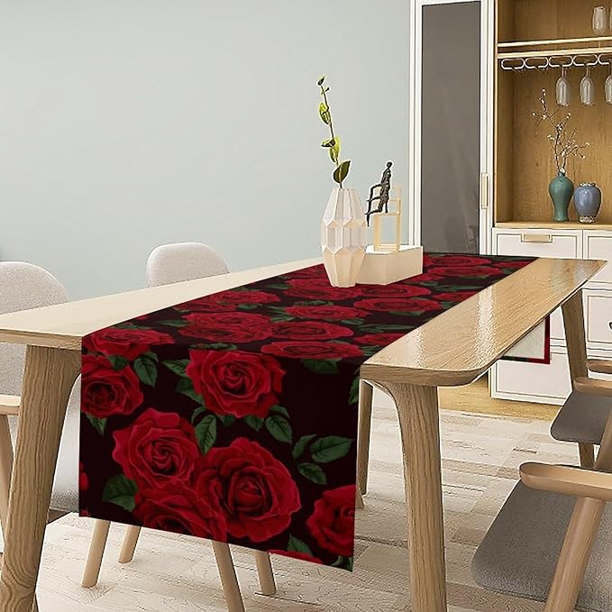 Red Rose Table Runner,Romantic Spring Summer Seasonal Table Runner for Indoor Outdoor Holiday Home Wedding Party 13x60 Inch