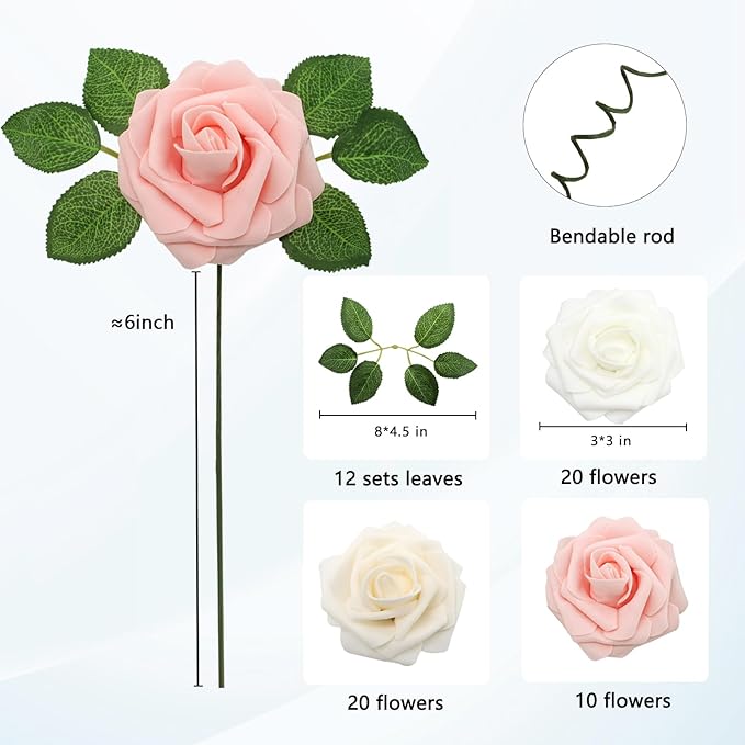 JOYLEX Artificial Flowers Realistic Roses, Real Looking Fake Roses with Stem for DIY Wedding Bouquets Centerpieces Bridal Shower Party Romantic Decorations (50pcs, White/Cream/Light Pink)