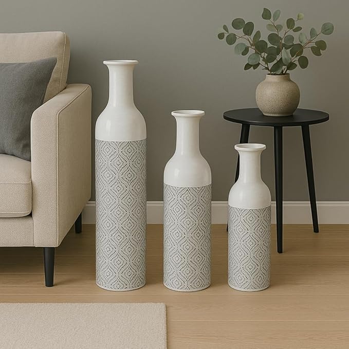 Leewadee Set of 3 Large Floor Vases – Decorative Tall Metal Vases in Grey White (28/22/17 inches) – Elegant Home Decor for Stylish Interiors