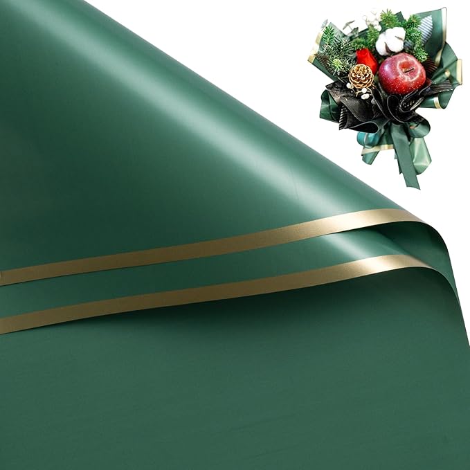 WRAPAHOLIC 20 Sheets Flower Wrapping Paper - 22.4 x 22.4 inch Green with Gold Edge Water-Resistant Floral Bouquet Wrapping Paper, Florist Supplies Packaging Paper for Wedding Birthday Gift DIY