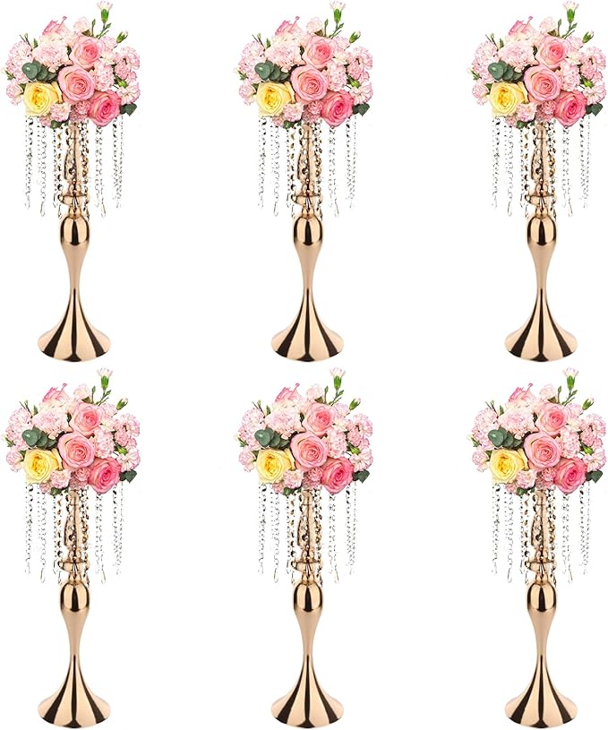 6 Pcs 21.3 Inch Tall Crystal Metal Flower Stand Wedding Lead Vases for Table Centerpieces and Reception Flower Arrangement Holders