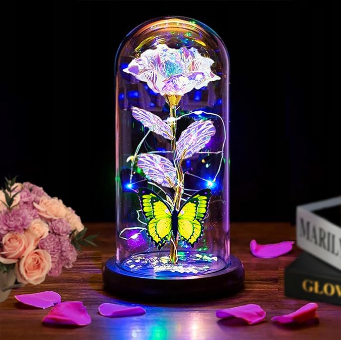 Christmas Rose for Women Mom Wife Her,Womens Gifts for Christmas,Light Up Rose Flower Gifts for Women,Glass Butterfly Gifts for Sister, Birthday Gifts for Mom Gold