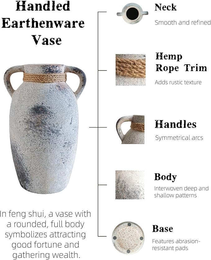 Ceramic Flower Vase with 2 Handles,9.8 inch Large Farmhouse Rustic Terracotta Vases for Decor，Gray