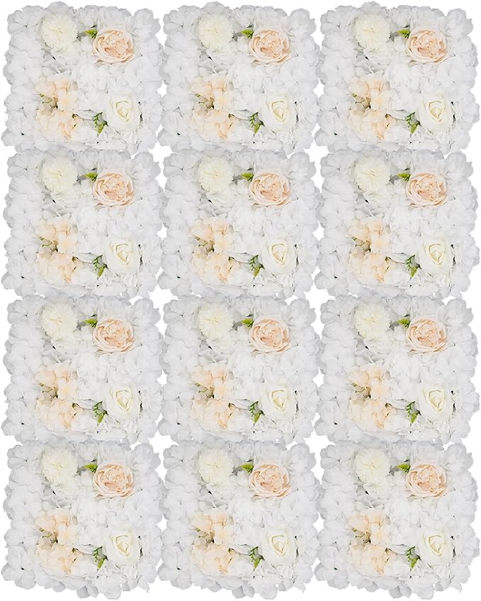 12Pcs Artificial Flower Wall Panel 3D Floral Backdrop Walls15 X 15" Flower Wall Decor Panel Flower Backdrop for Party Home Background Decor, White & Champagne