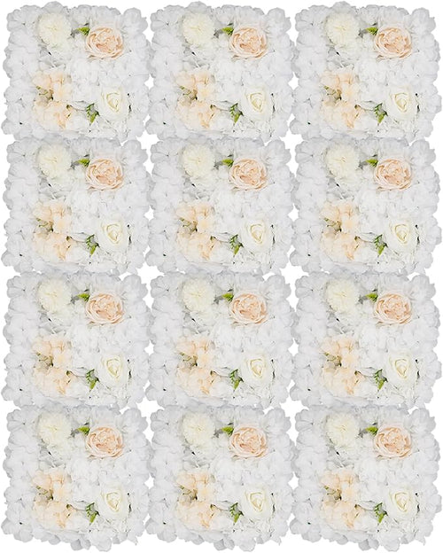 12Pcs Artificial Flower Wall Panel 3D Floral Backdrop Walls15 X 15" Flower Wall Decor Panel Flower Backdrop for Party Home Background Decor, White & Champagne