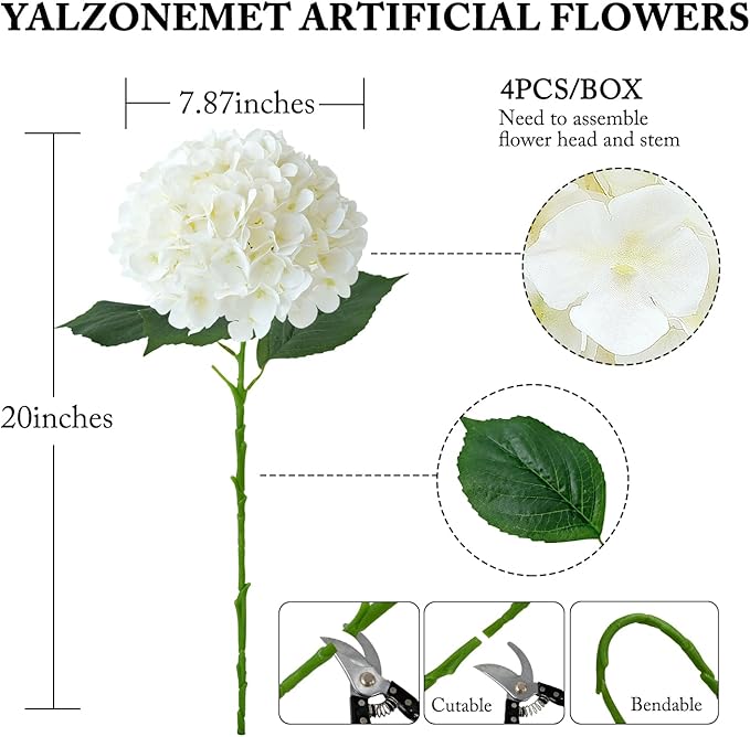 YalzoneMet 4Pcs White Silk Hydrangeas Artificial Flower Natural Lifelike Big Blooms 20'' Long Stem Faux Hydrangea Flower Bouquets for Home Party Indoor Outdoor Wedding Table Centerpiece Decor