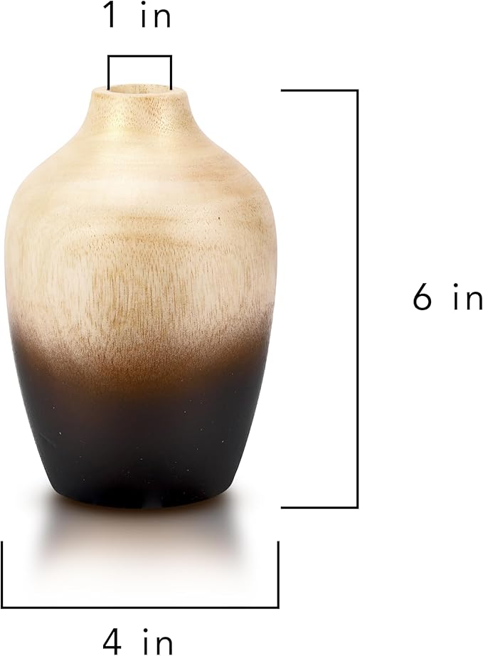 6-inch Mango Wood Flower Vase – Handmade Bottle Shaped Decorative Wooden Tabletop Vase for Rustic Home Décor | Brown to Black Gradient Indoor Centerpiece | Artisan Mango Tree Vase for Dried Flowers